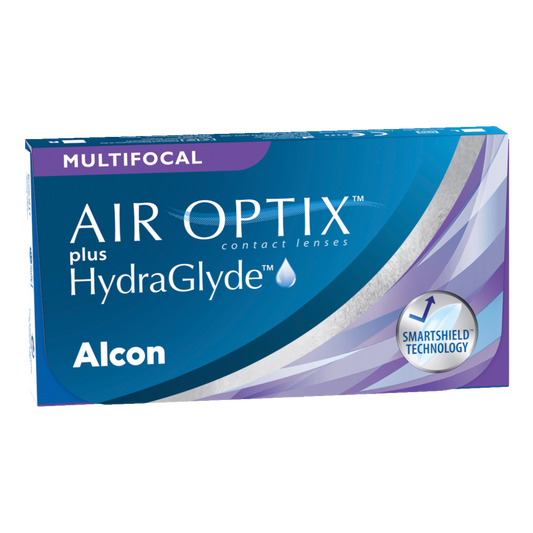 Box of Alcon Air Optix plus Hydraglyde multifocal contact lenses