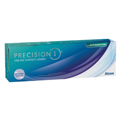 Box of Precision 1 one-day contact lenses for astigmatism 30 pack